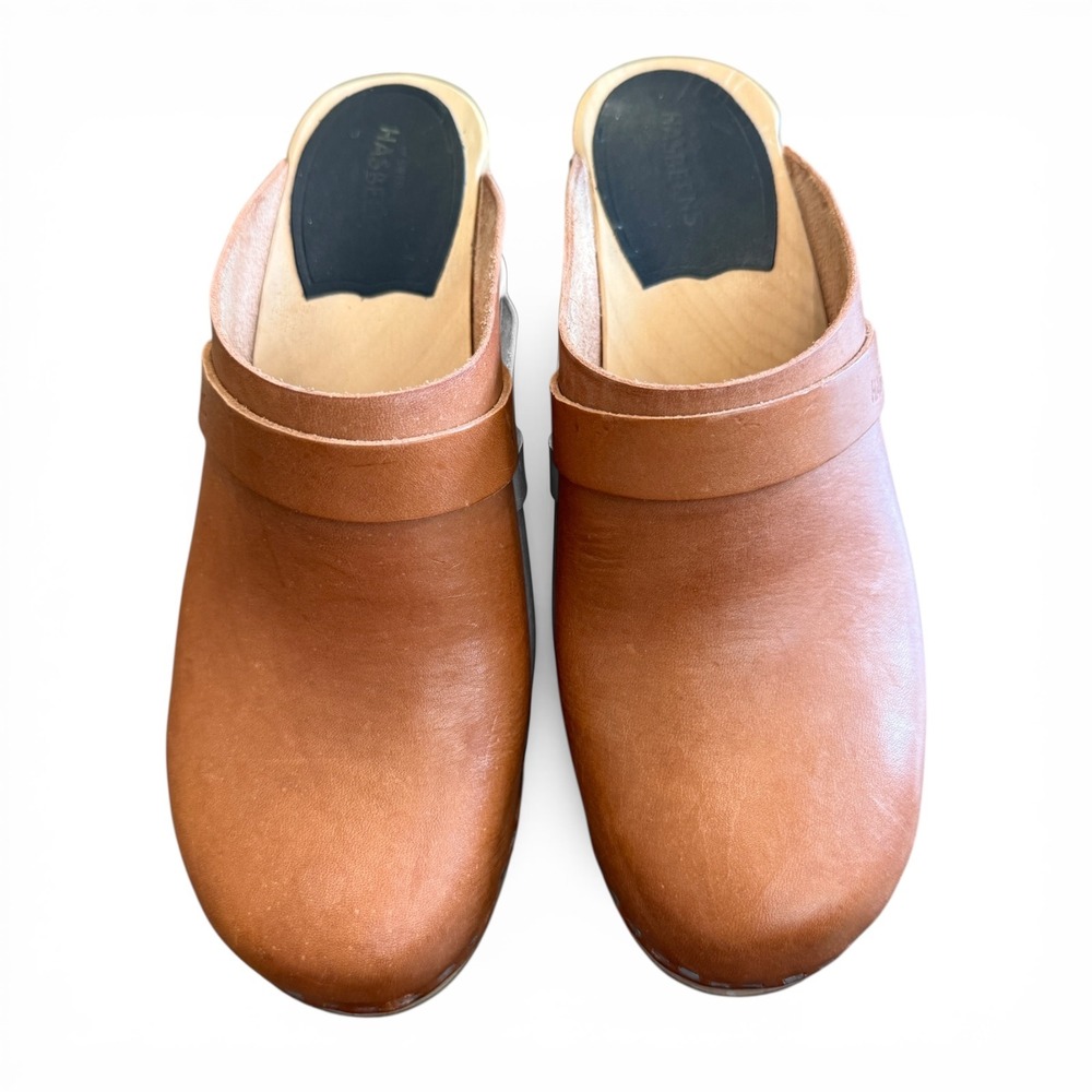 Swedish Hasbeens Classic Slip On High Heel Clogs Brown Leather EU 39 - Picture 2 of 8